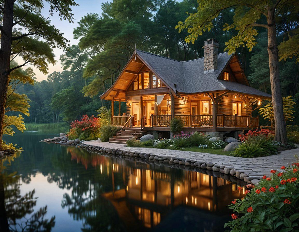 A serene lodge nestled in a lush green forest, surrounded by towering trees and a tranquil lake reflecting the sky. Cozy outdoor seating with plush cushions, warm lanterns, and a gentle breeze rustling through leaves, inviting relaxation. An inviting pathway lined with colorful flowers leads to the lodge's entrance, hinting at comfort and luxury. Morning sunlight filtering through the trees creates a soft glow, enhancing the peaceful atmosphere. super-realistic. vibrant colors. 3D.