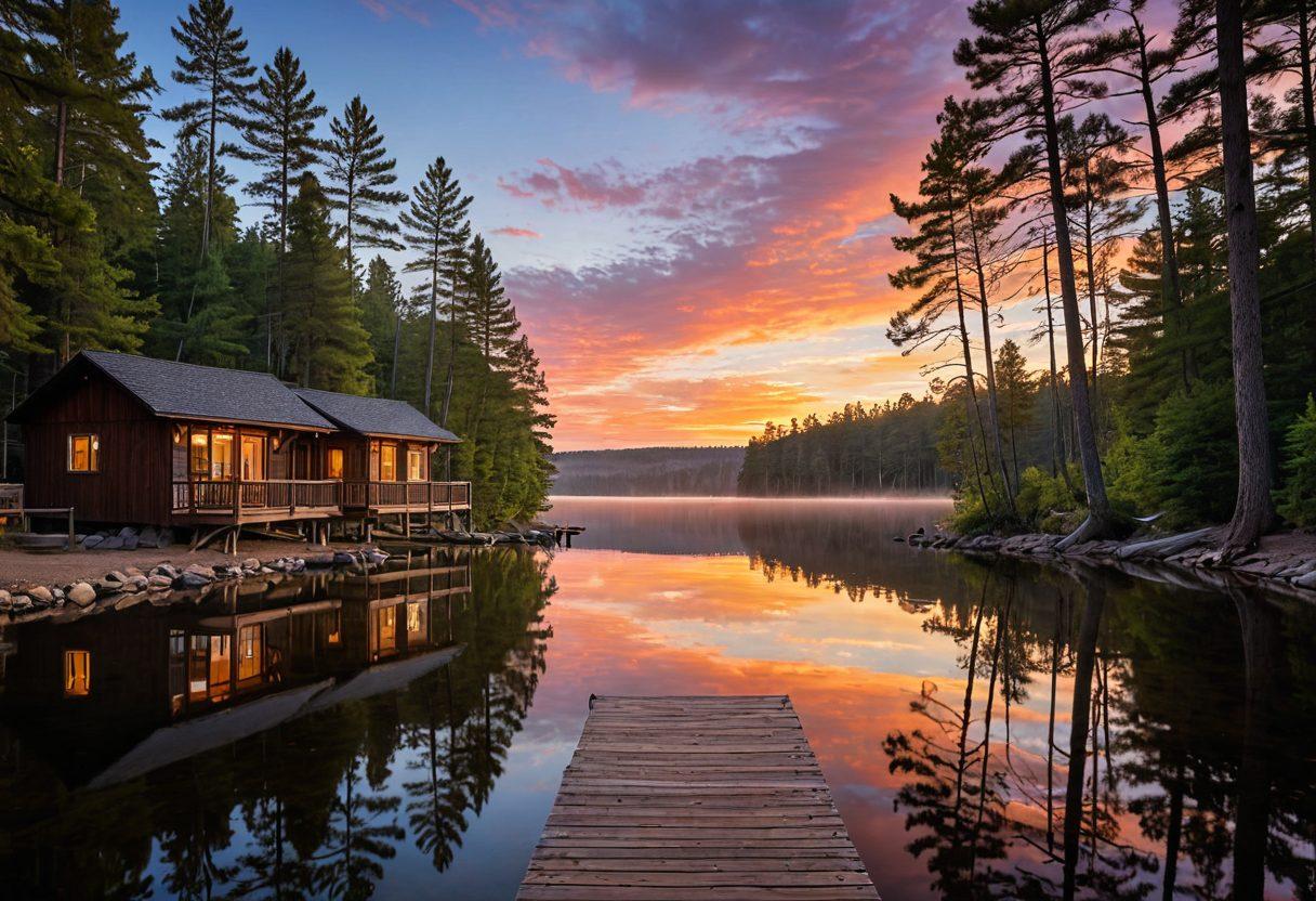 A serene lakeside retreat with cozy wooden cabins nestled among pine trees, a gentle sunrise casting warm hues over tranquil waters, outdoor hammocks swaying softly, inviting you to relax and escape. The scene should evoke feelings of comfort and peace, with a touch of rustic charm. super-realistic. vibrant colors. sunrise atmosphere.