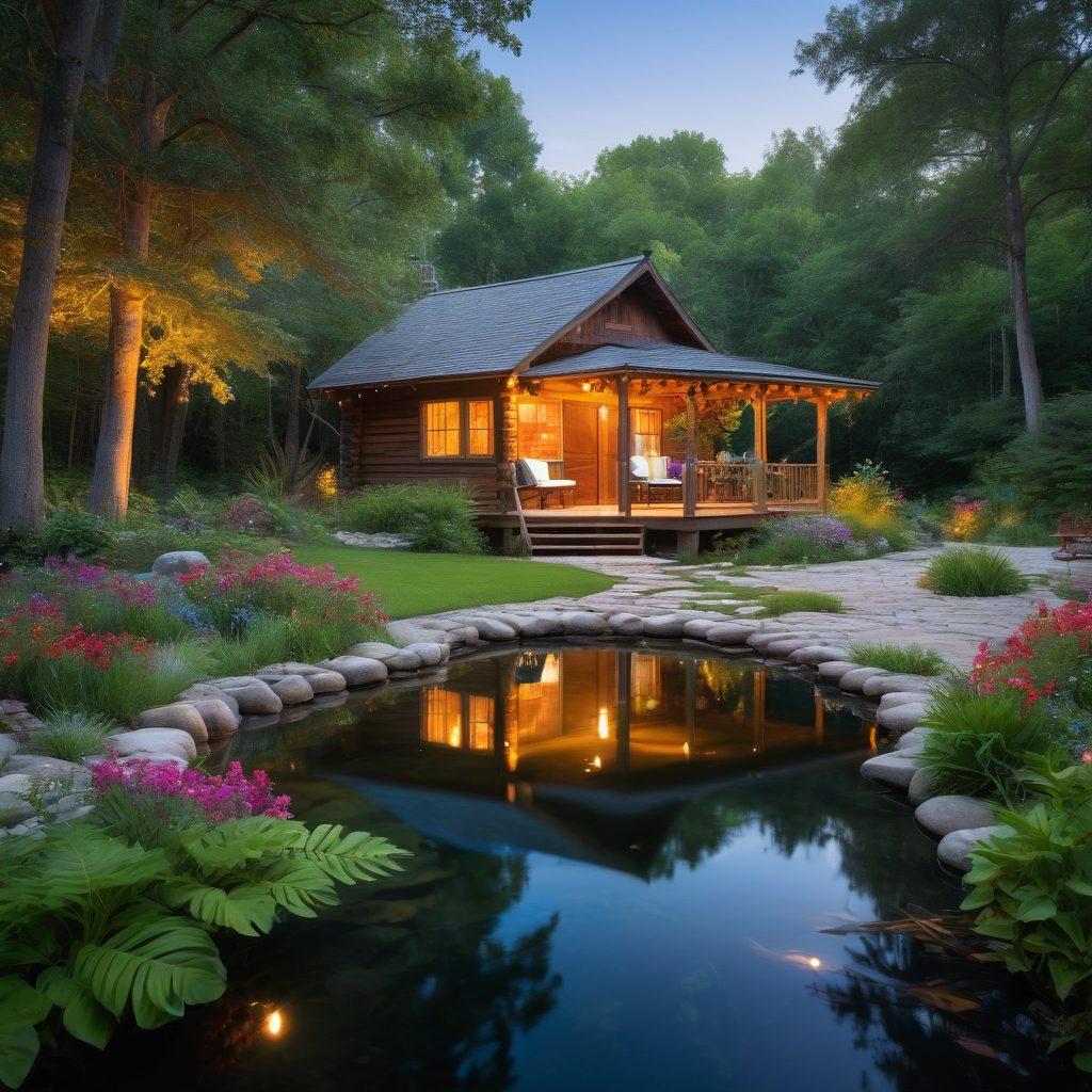 A serene scene showcasing Jim's Sanctuary, nestled in a lush, green forest with a tranquil pond reflecting the blue sky. Cozy hammocks hang between trees, dotted with colorful cushions, and soft, delicate fairy lights twinkle at dusk. Gentle ripples on the water create a calming effect, while a hint of a rustic wooden cabin is visible in the background. Bright wildflowers bloom throughout the area, emphasizing the peaceful ambiance. vibrant colors. super-realistic.
